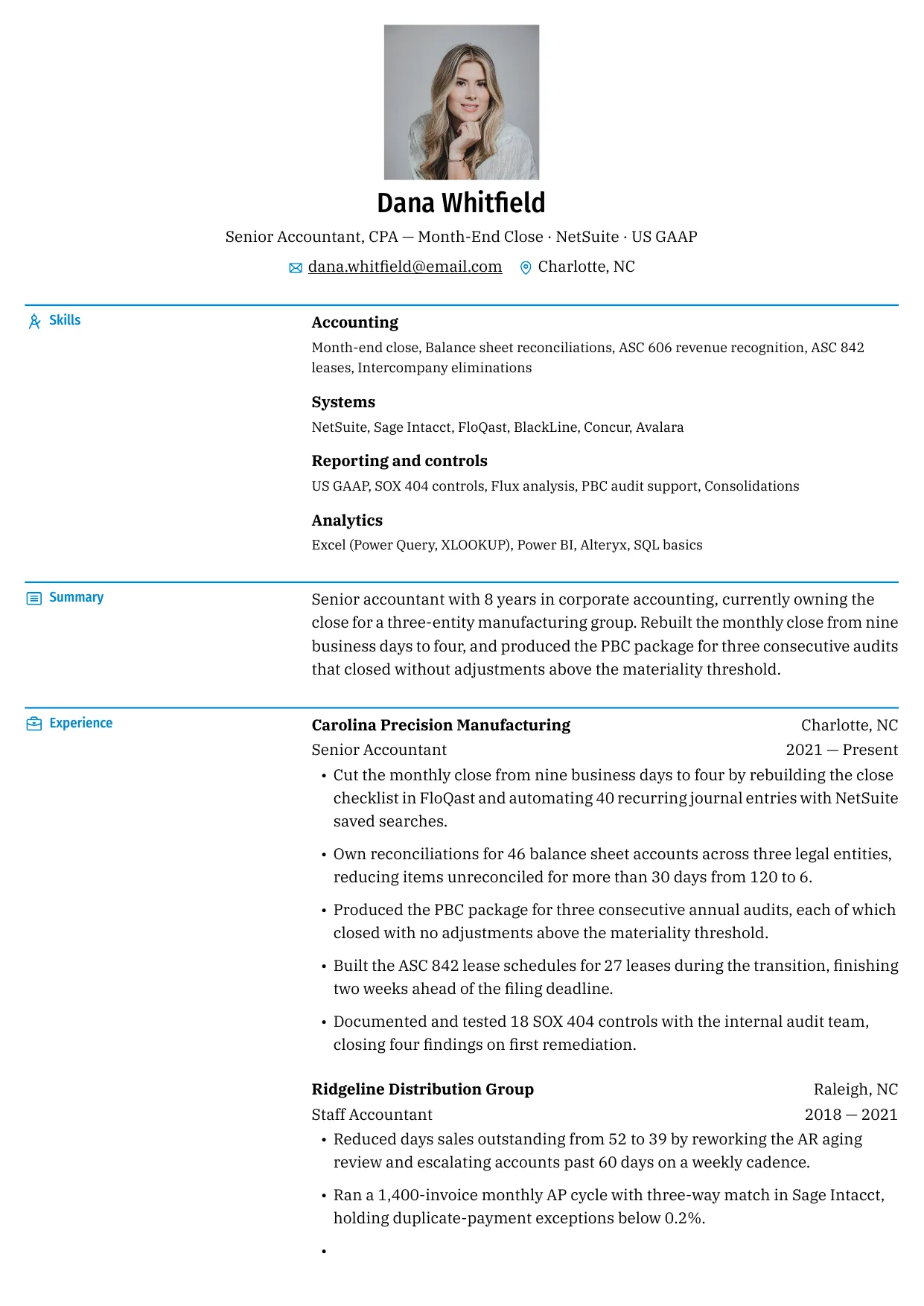 One-page resume template with labelled skill rows above a single-column experience section