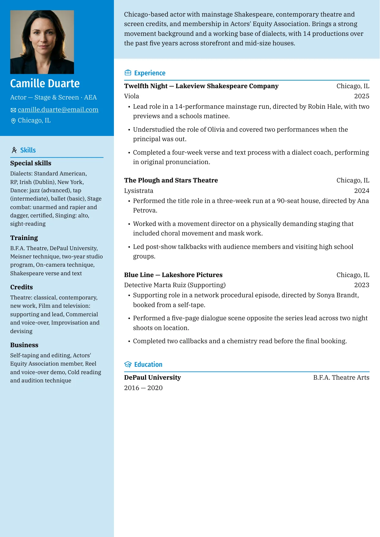Theatre resume template with a left sidebar for union status, dialects and special skills