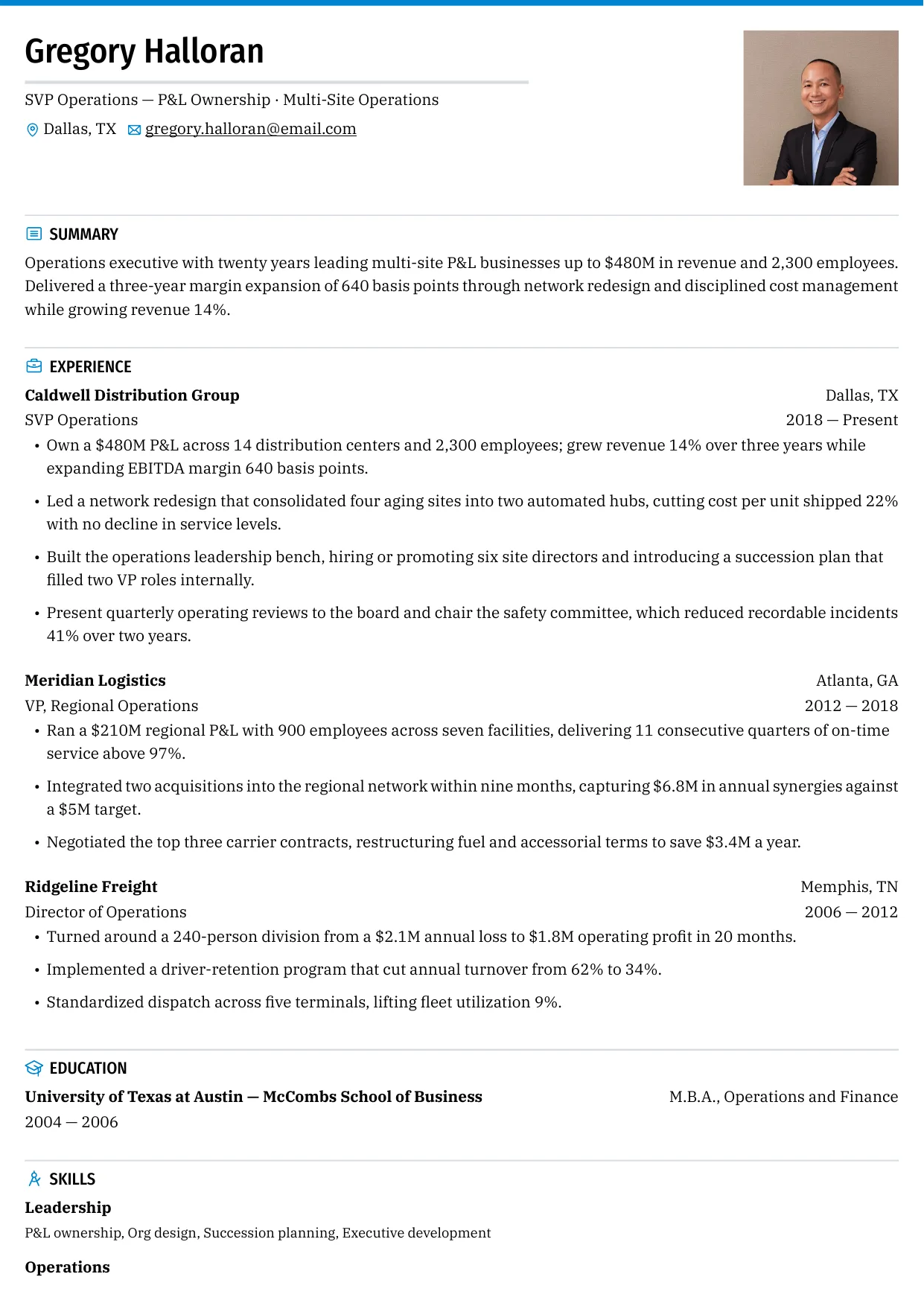 Executive resume template in a single column with uppercase section headings and a rule above each block