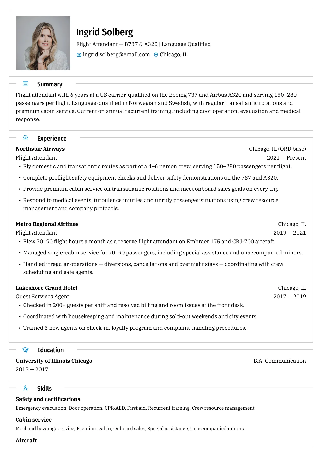 Pilot resume template in a single column with boxed sections for certificates, experience and skills
