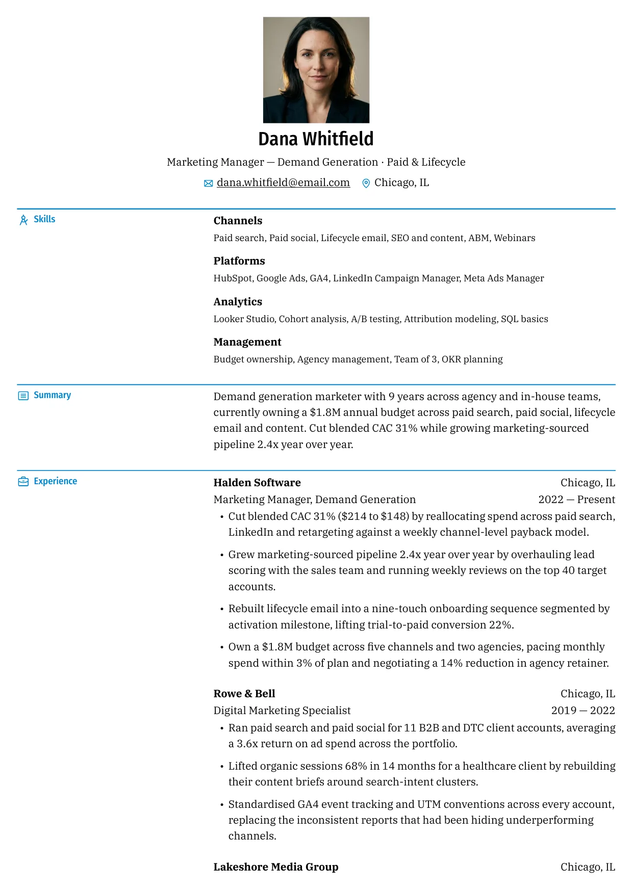 Dana Whitfield — Bronzor resume template preview
