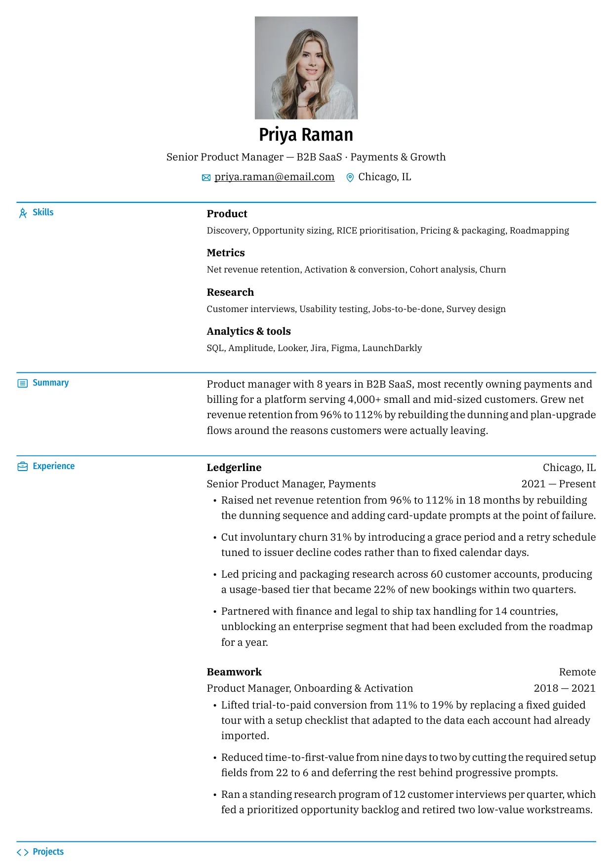 Priya Raman — Bronzor resume template preview