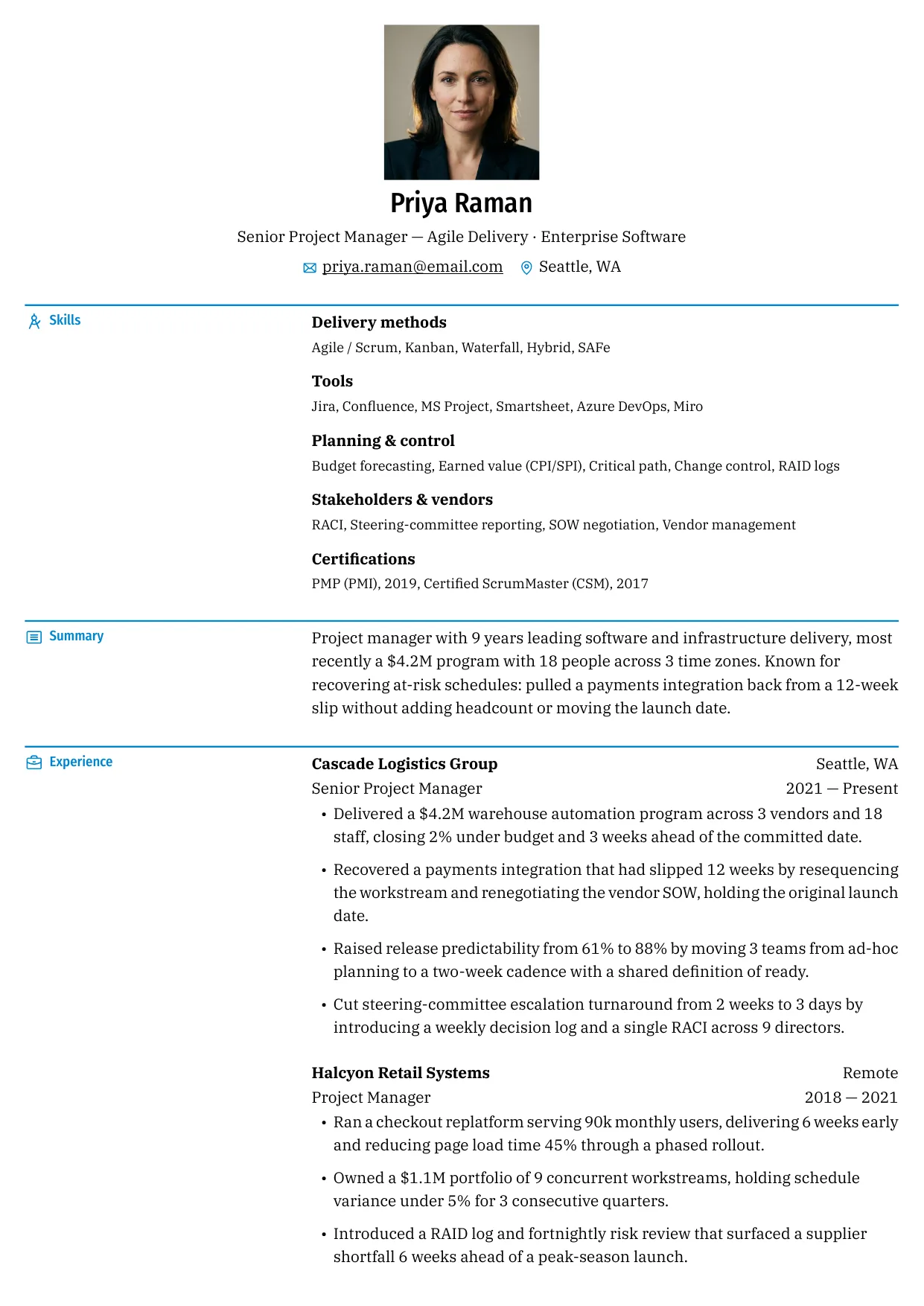 Combination resume template leading with a labelled skills block, then summary and experience