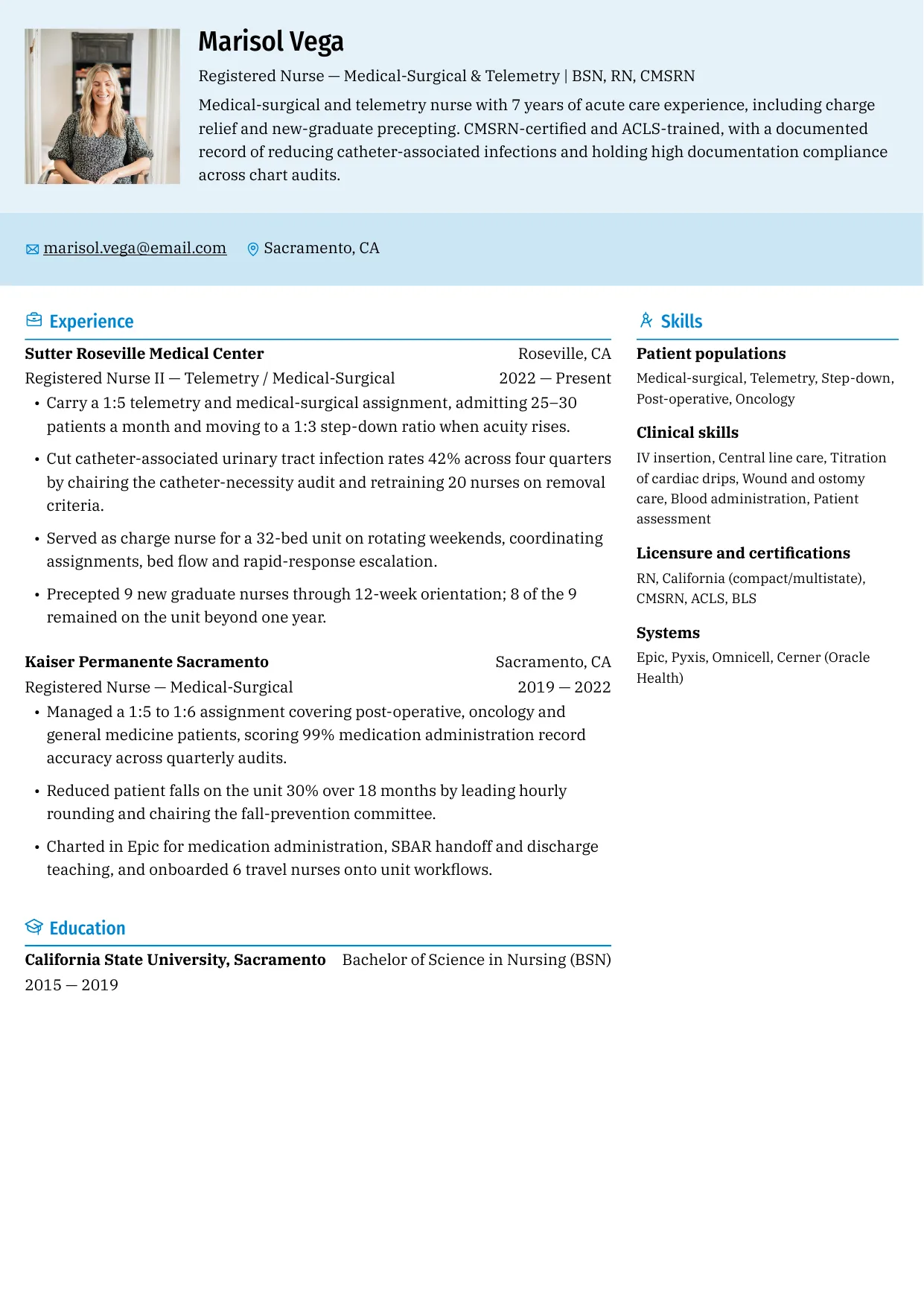 Nursing resume template with a tinted header band, a two-column body and a skills sidebar