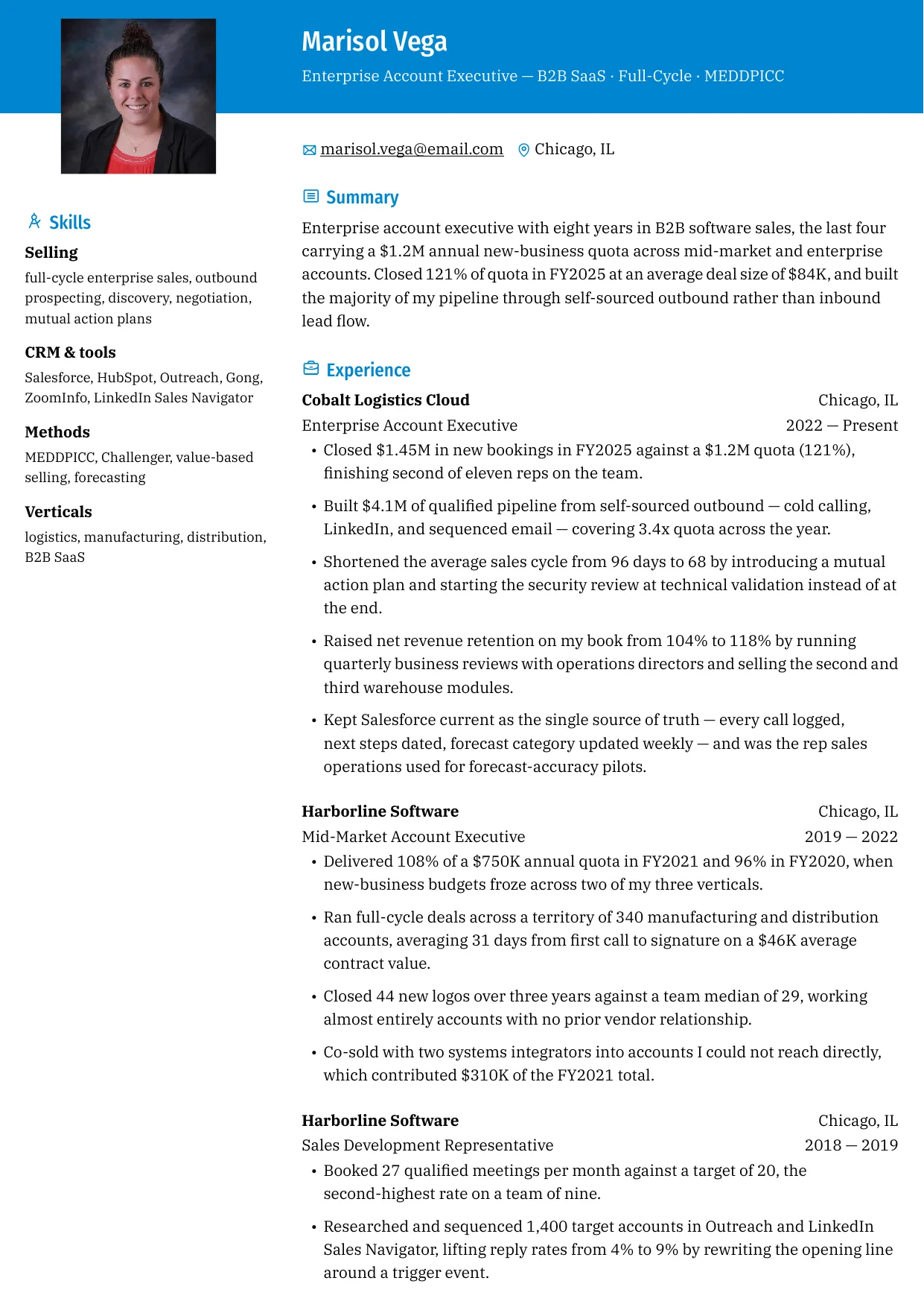 Sales resume template with a coloured header band and a narrow skills column beside the quota results