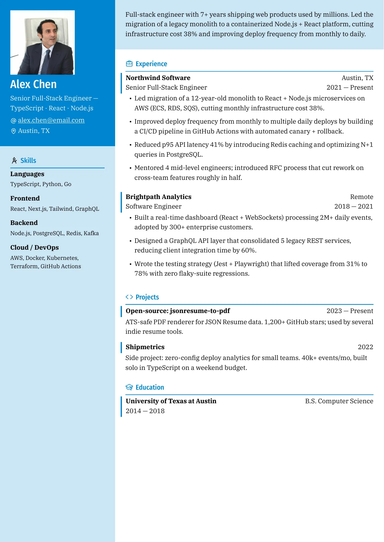 Software engineer resume template with a left sidebar for languages, frameworks and cloud tools