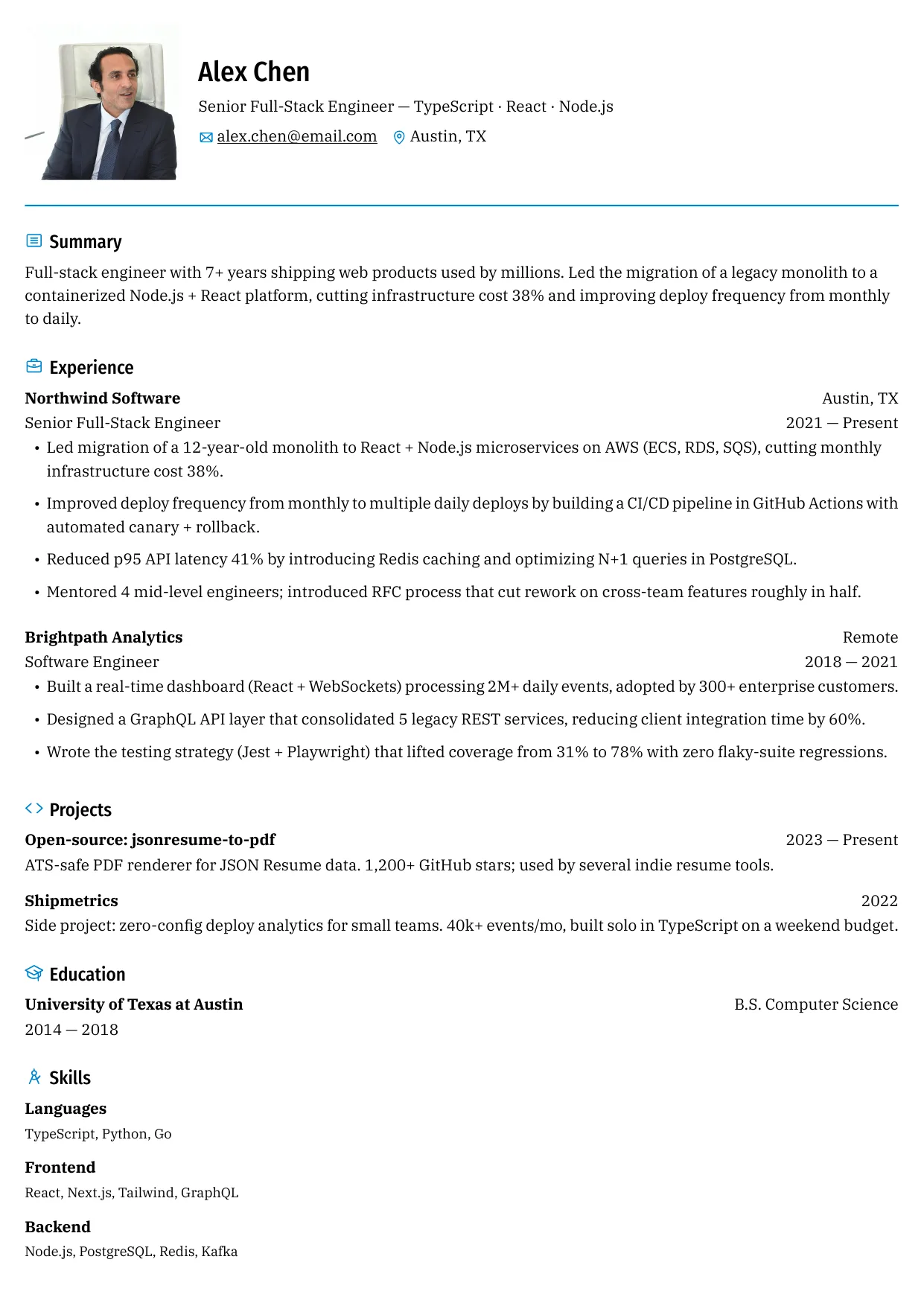 ATS-friendly resume template in a single column with a thin rule under the contact line and no decorative graphics