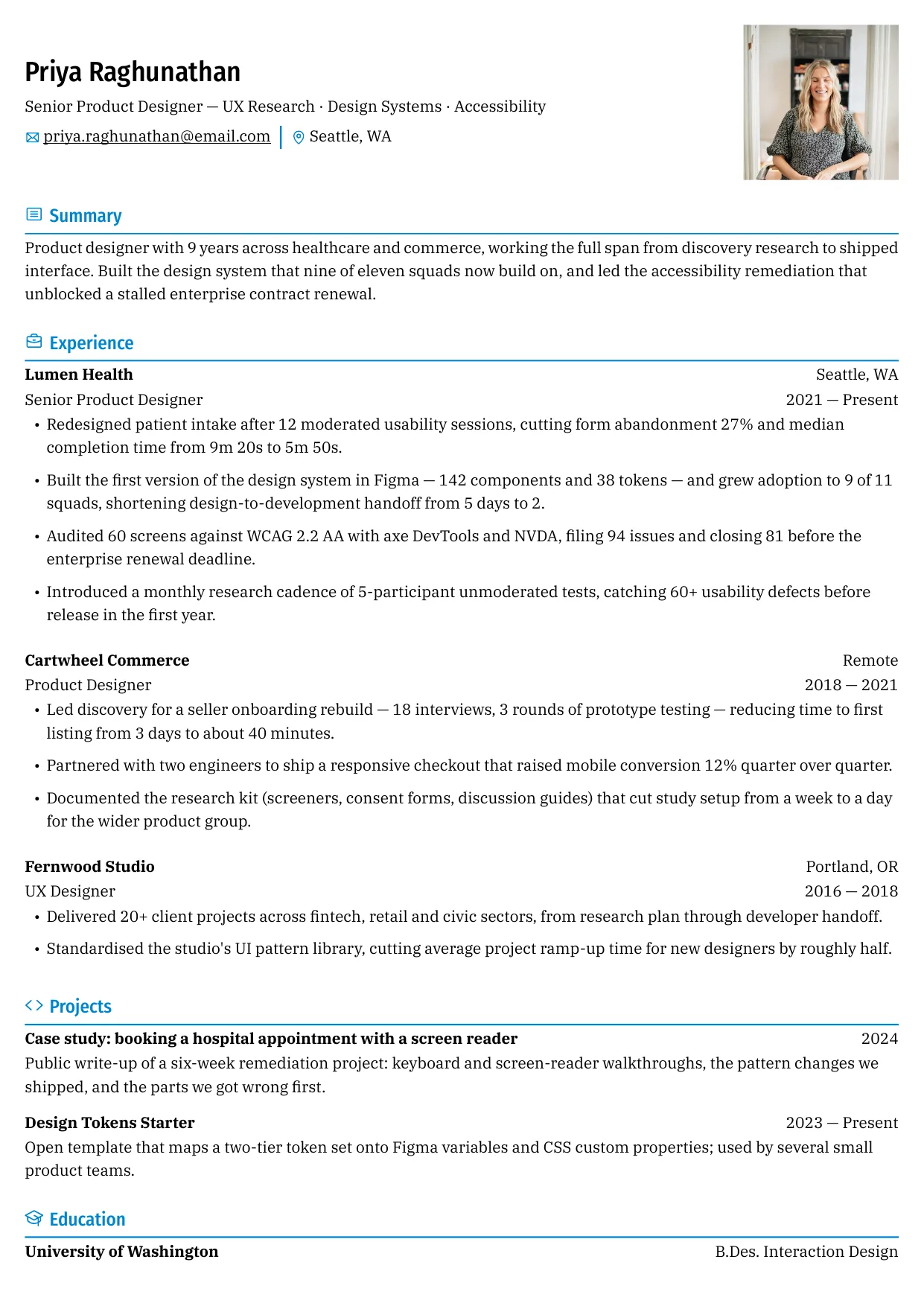 Priya Raghunathan — Rhyhorn resume template preview